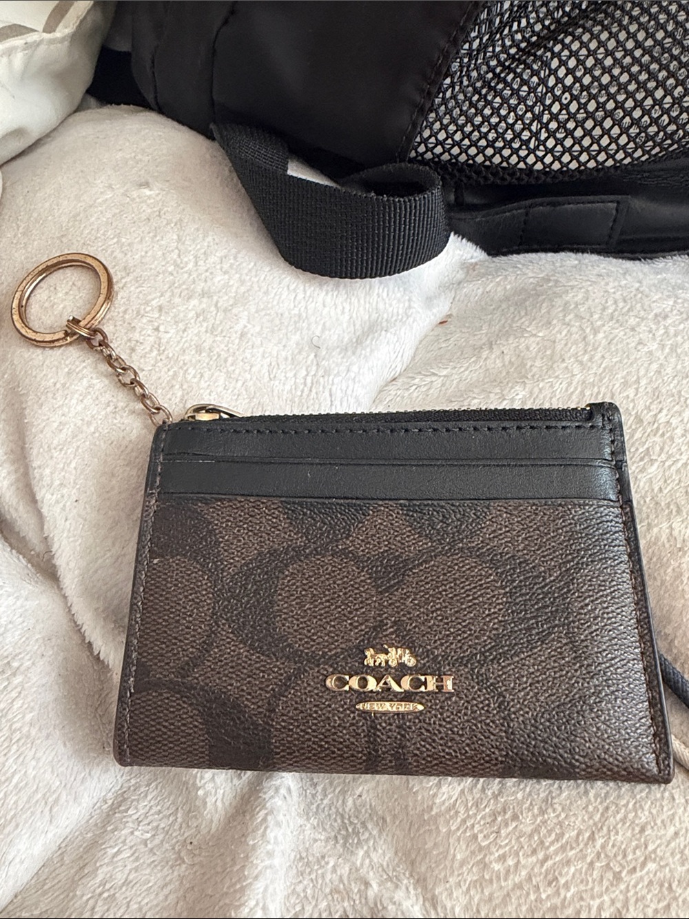 Coach Brown Signature Card Holder Keychain with Gold Hardware